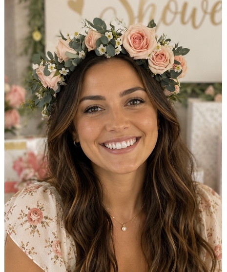 Fresh flower crown available in adult, child, or infant sizes with baby’s breath or floral accents.