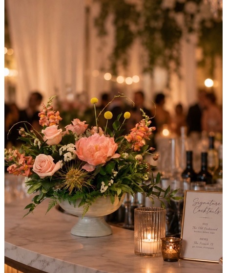Bright citrus-inspired accent wedding flowers in orange, peach, yellow, and pink tones for cocktail tables, bars, and décor accents.