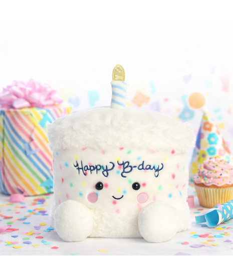13” plush birthday cake with candle, colorful confetti details, and a smiling face.