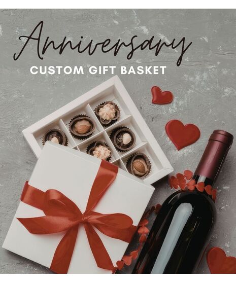 Custom anniversary gift basket with romantic curated items selected by WildFlower designers.
