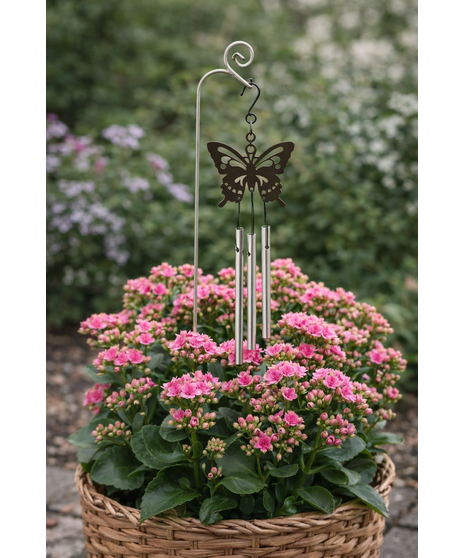 Decorative powder-coated metal plant chime with hanging rods, designed as a plant pick and gift card holder.