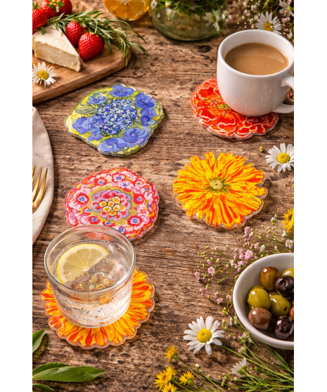 Colorful acrylic flower stem with a clear base, printed on both sides and designed to stand upright as lasting floral decor.