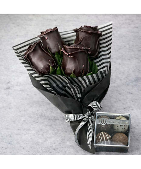 Wrapped bouquet of 4 or 8 chocolate-scented wax roses. Long-lasting, non-edible. Option to add 8 Wockenfuss truffles.