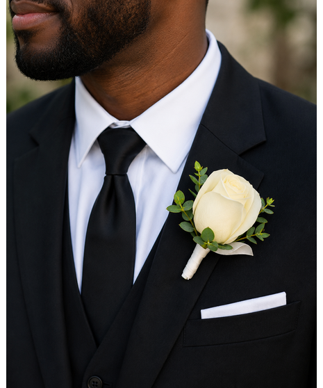 Boutonniere with blush mini roses, greenery, and delicate accents.