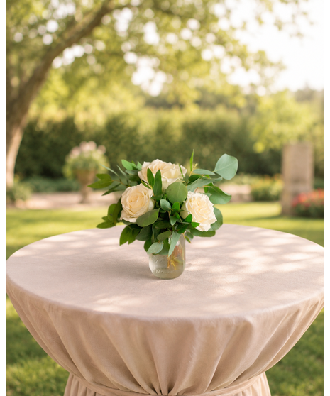 Romantic blush and ivory wedding accent arrangements with soft seasonal blooms in a delicate garden-inspired style.