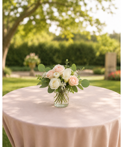 Romantic blush and white wedding centerpieces with soft greenery in varying sizes and bloom bottle options.