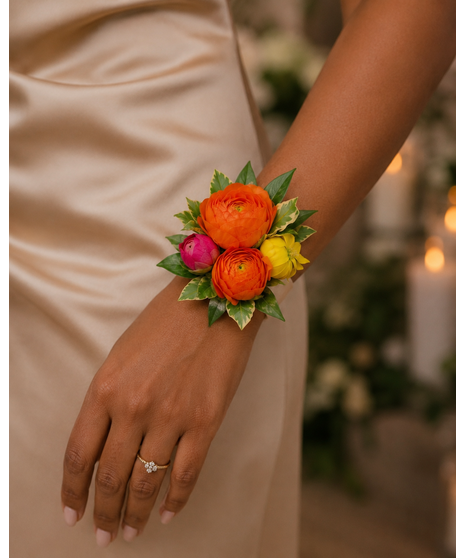 Bright citrus-inspired floral corsage in orange, peach, yellow, and pink tones, available as a wrist or chest style.