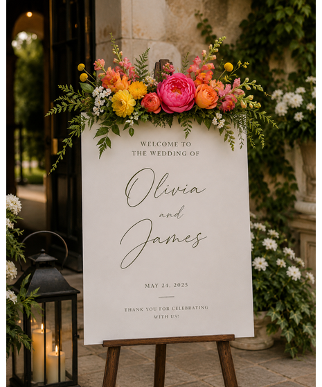 Bright citrus-inspired wedding ceremony flowers in orange, peach, yellow, and pink tones for arches, aisles, and ceremony décor.