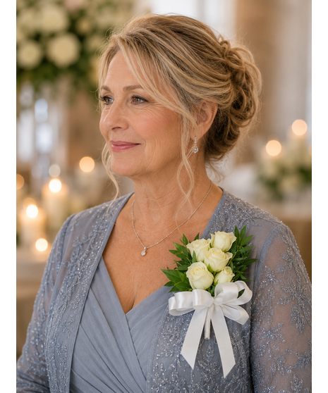 Soft blush and white wearable corsage with romantic flowers and delicate accents, available in wrist or chest style.