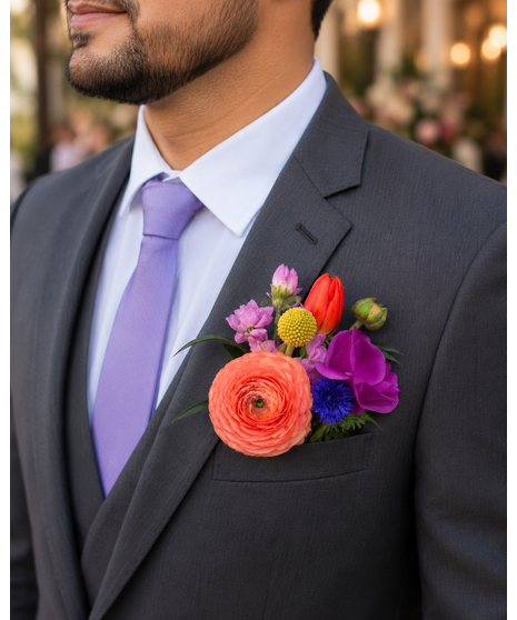 A vibrant wedding boutonniere and floral pocket square collection featuring bold, colorful blooms with playful texture and artistic garden-inspired styling.