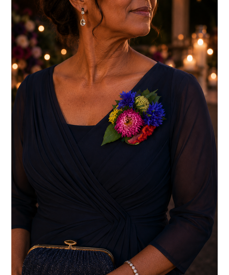 A colorful wedding corsage featuring vibrant blooms and playful garden-inspired texture, available in wrist or chest styles.