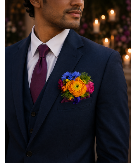 A vibrant wedding boutonniere and floral pocket square collection featuring bold, colorful blooms with playful texture and artistic garden-inspired styling.