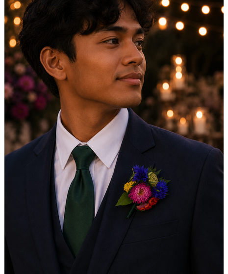 A vibrant wedding boutonniere and floral pocket square collection featuring bold, colorful blooms with playful texture and artistic garden-inspired styling.