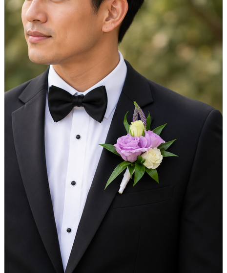 Wedding boutonniere with rose, hydrangea accent, and eucalyptus.
