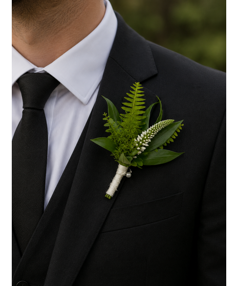 Wedding boutonniere with white bloom and greenery. Available in standard or groom’s style.