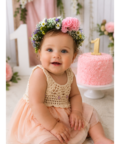 Fresh flower crown available in adult, child, or infant sizes with baby’s breath or floral accents.