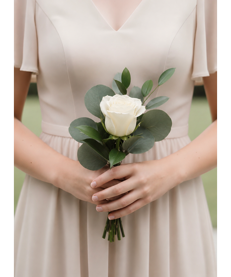 Soft blue and white wedding flowers for bridal party members, including bouquets, flower girl petals, and presentation stems.