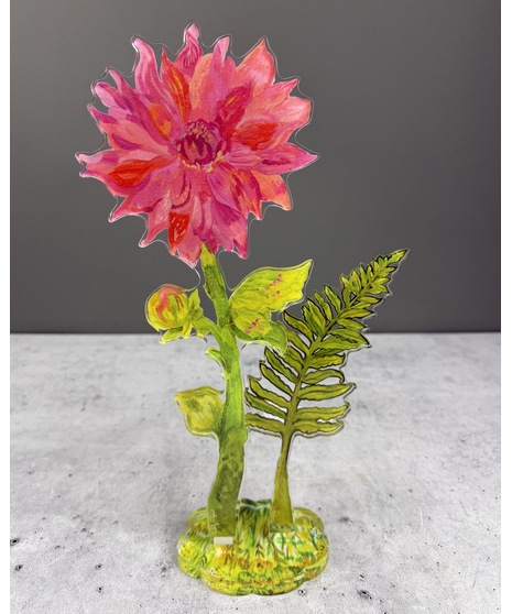 Colorful acrylic flower stem with a clear base, printed on both sides and designed to stand upright as lasting floral decor.