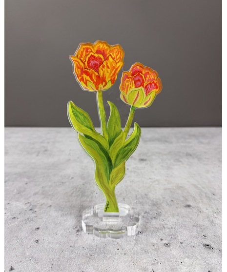 Colorful acrylic flower stem with a clear base, printed on both sides and designed to stand upright as lasting floral decor.