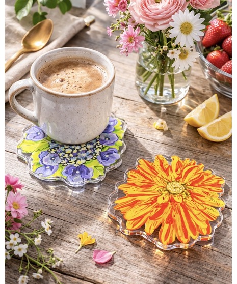 Colorful acrylic flower stem with a clear base, printed on both sides and designed to stand upright as lasting floral decor.