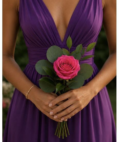Moody jewel-toned bridal party flowers with rich burgundy, plum, fuchsia, blue blooms, and greenery accents.