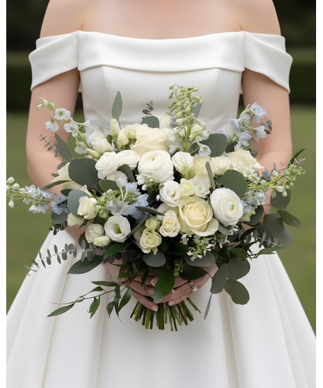 Soft blue and white bridal bouquet with roses, hydrangea, delphinium, and greenery in a romantic coastal style. Available in 3 sizes.