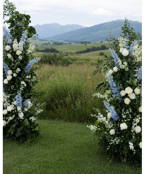 Wedding centerpiece with peach roses, delphinium, Queen Anne’s lace, and eucalyptus. Available in petite or full size.