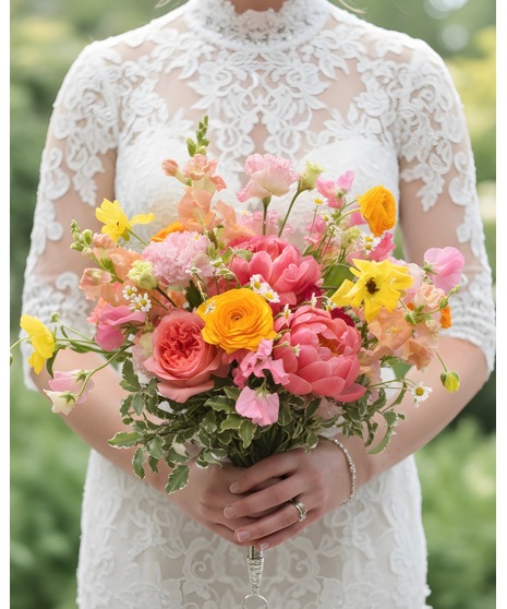 A vibrant bridal bouquet featuring bright pink, coral, peach, and yellow blooms with whimsical greenery and trailing texture.