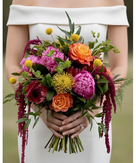 A vibrant bridal bouquet featuring bright pink, coral, peach, and yellow blooms with whimsical greenery and trailing texture.