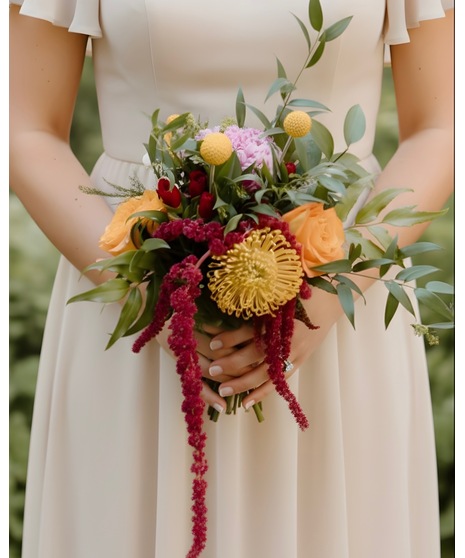 Colorful bridal party flowers in vibrant pink, peach, orange, and yellow tones with lush greenery and whimsical texture.