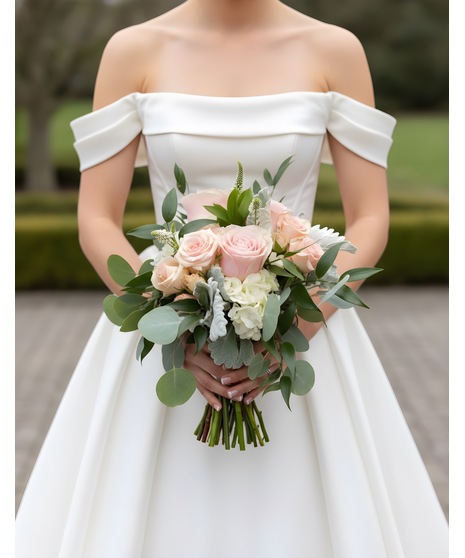Attendant bouquet with roses, hydrangea, and eucalyptus. Available in 3 sizes and 4 color palettes.
