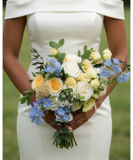 Garden-style bridal bouquet featuring white, blue, and yellow flowers with natural greenery and airy, romantic styling.