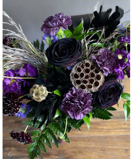 purple and black floral arrangement
