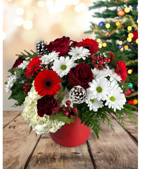 A festive holiday centerpiece featuring red roses, white daisies, red gerbera daisies, white hydrangeas, red berries, evergreen sprigs, and frosted pinecones in a red vase. 