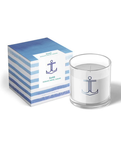 A collection of candles with minimalist glass vessels, featuring coastal scents like Sea Salt, Sand, and Bay Breeze. Handcrafted in Annapolis, MD.