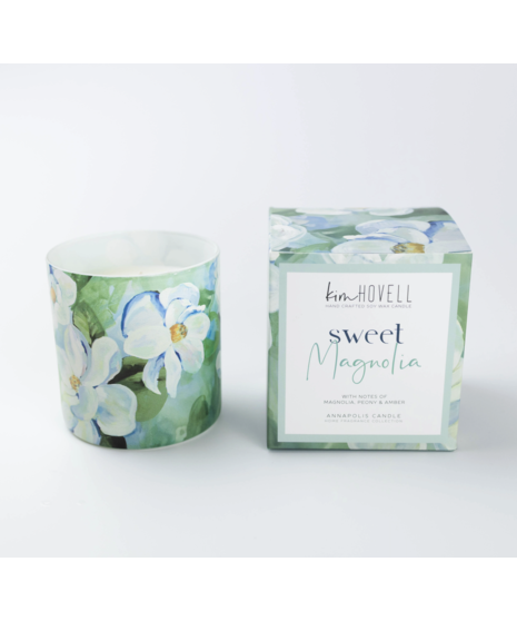Boxed soy candle in ceramic jar featuring floral artwork by Maryland artist Kim Hovell. Available in 3 coastal-inspired scents.