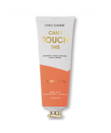 A 3.4 oz tube of Chez Gagné vegan hand crème with a gold cap and minimalist design.