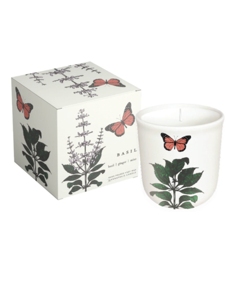 Glass soy candle with botanical lemon tree artwork, packaged in a matching illustrated box.