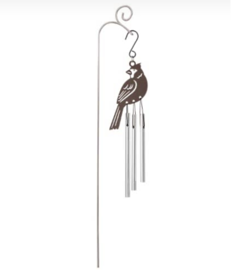 Decorative powder-coated metal plant chime with hanging rods, designed as a plant pick and gift card holder.
