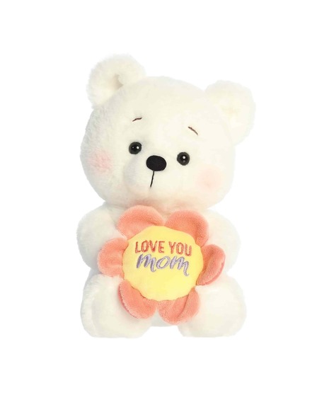 Soft plush bear holding a flower that reads “Love You Mom.”