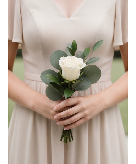 Attendant bouquet with blush roses, ivory blooms, and greenery. Available in 3 sizes.